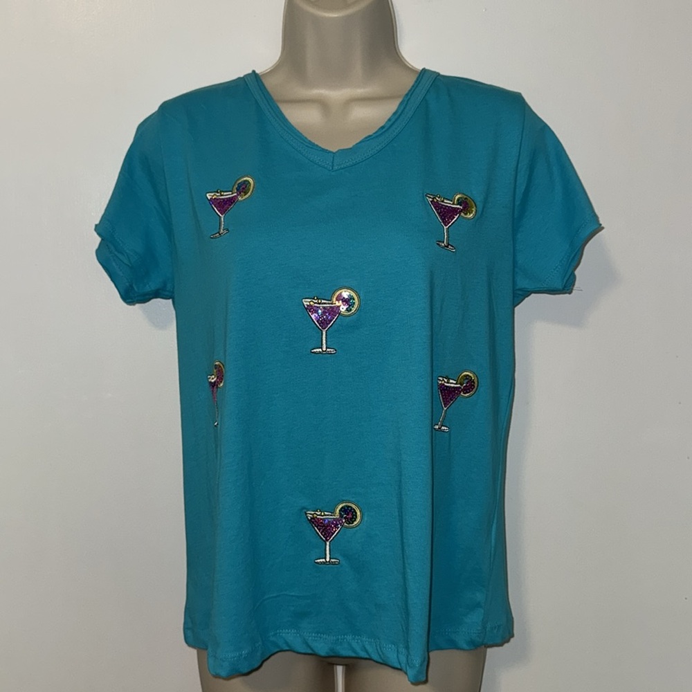 Alexis Taylor Sequin Cocktail Tee T-Shirt Turquoise Blue Women’s L Large